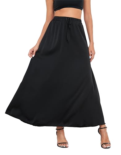 VOGMATE Rock Lang Damen Elegant A Linie Röcke Elastische Taille Freizeitrock Maxirock Mit Kordelzug Einfarbig Long Skirt Schwarz S von VOGMATE