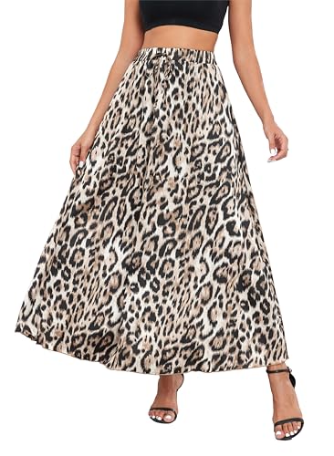 VOGMATE Rock Lang Damen Elegant A Linie Röcke Elastische Taille Freizeitrock Maxirock Mit Kordelzug Leoparden Long Skirt L von VOGMATE