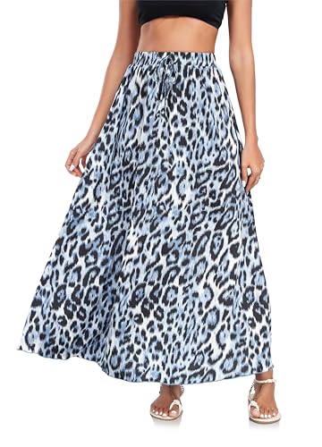 VOGMATE Rock Lang Damen Elegant A Linie Röcke Elastische Taille Freizeitrock Maxirock Mit Kordelzug Leoparden Long Skirt Schwarz BlauL von VOGMATE
