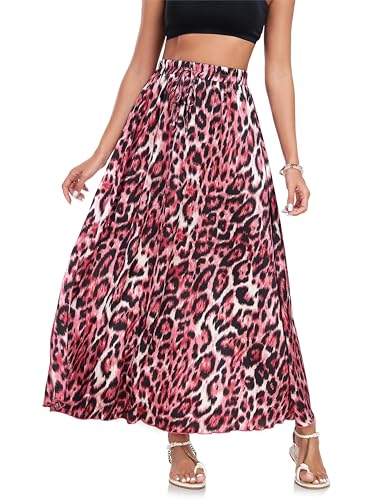 VOGMATE Rock Lang Damen Elegant A Linie Röcke Elastische Taille Freizeitrock Maxirock Mit Kordelzug Leoparden Long Skirt Schwarz RotL von VOGMATE