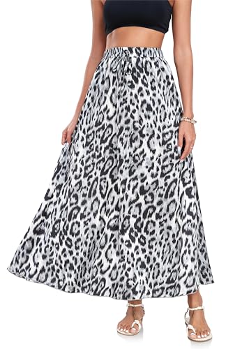 VOGMATE Rock Lang Damen Elegant A Linie Röcke Elastische Taille Freizeitrock Maxirock Mit Kordelzug Leoparden Long Skirt SchwarzgrauS von VOGMATE
