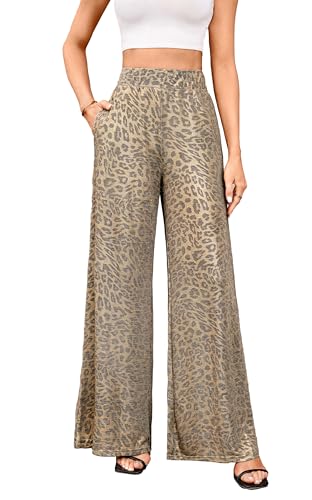 VOGMATE Sommer Hosen Damen Locker Weites Bein Luftige Hose High Waist Strandhose Y2K Leopardenmuster Freizeithose Bunte Hosen Leicht Chiffon von VOGMATE