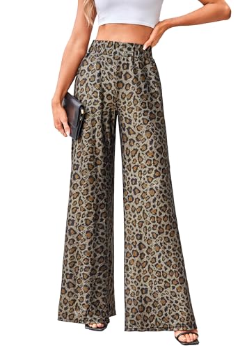 VOGMATE Sommer Hosen Damen Locker Weites Bein Luftige Hose High Waist Strandhose Y2K Leopardenmuster Freizeithose Bunte Hosen Leicht Chiffon von VOGMATE