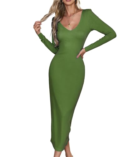 VOGMATE Strickkleid Damen Lang Sexy Rückenfreie Langarm V Ausschnitt Bodycon Dress Eng Kleider Cocktailkleid Elegant Casual Dresses Grün L von VOGMATE