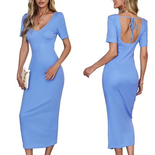 VOGMATE Strickkleid Damen Lang Sexy Rückenfreie V Ausschnitt Bodycon Dress Eng Kleider Cocktailkleid Elegant Casual Dresses Blau L von VOGMATE