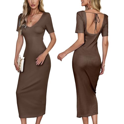 VOGMATE Strickkleid Damen Lang Sexy Rückenfreie V Ausschnitt Bodycon Dress Eng Kleider Cocktailkleid Elegant Casual Dresses Braun L von VOGMATE