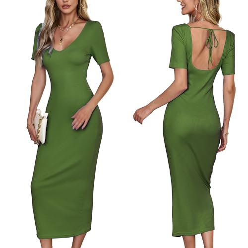 VOGMATE Strickkleid Damen Lang Sexy Rückenfreie V Ausschnitt Bodycon Dress Eng Kleider Cocktailkleid Elegant Casual Dresses Grün S von VOGMATE