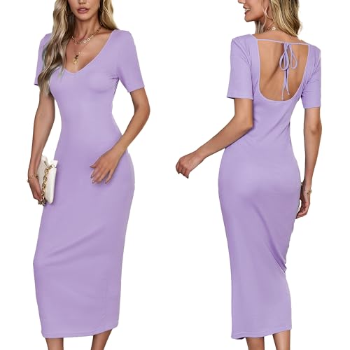 VOGMATE Strickkleid Damen Lang Sexy Rückenfreie V Ausschnitt Bodycon Dress Eng Kleider Cocktailkleid Elegant Casual Dresses Hellviolett L von VOGMATE