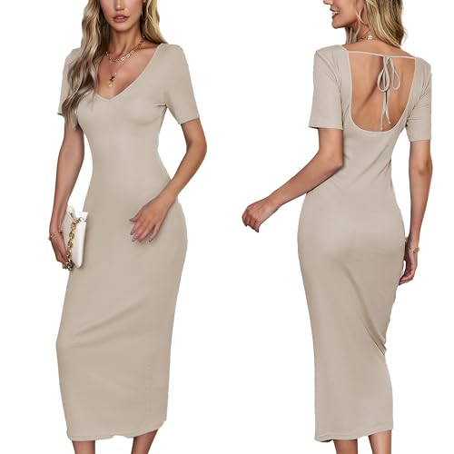 VOGMATE Strickkleid Damen Lang Sexy Rückenfreie V Ausschnitt Bodycon Dress Eng Kleider Cocktailkleid Elegant Casual Dresses Khaki L von VOGMATE