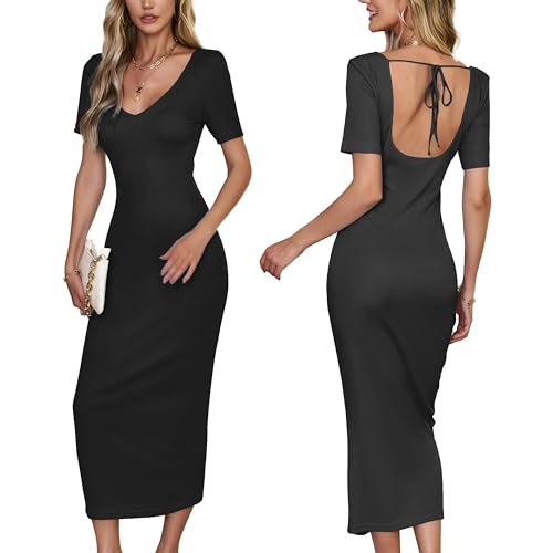 VOGMATE Strickkleid Damen Lang Sexy Rückenfreie V Ausschnitt Bodycon Dress Eng Kleider Cocktailkleid Elegant Casual Dresses Schwarz L von VOGMATE