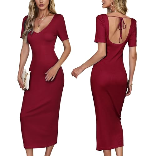 VOGMATE Strickkleid Damen Lang Sexy Rückenfreie V Ausschnitt Bodycon Dress Eng Kleider Cocktailkleid Elegant Casual Dresses Weinrot XL von VOGMATE