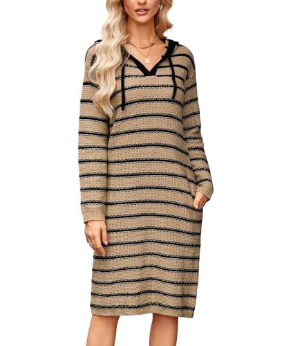 VOGMATE Strickkleid Damen Langarm Sweatshirt Hoodie Kleid Lang Pulloverkleid mit Kapuze Wollkleid Streifen Casual Sweater Dress for Women Tunika Kleid Taschen von VOGMATE