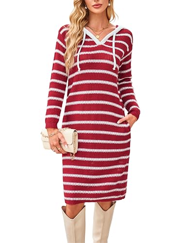 VOGMATE Strickkleid Damen Langarm Sweatshirt Hoodie Kleid Lang Pulloverkleid mit Kapuze Wollkleid Streifen Casual Sweater Dress for Women Tunika Kleid Taschen von VOGMATE