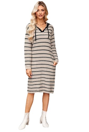 VOGMATE Strickkleid Damen Langarm Sweatshirt Hoodie Kleid Lang Pulloverkleid mit Kapuze Wollkleid Streifen Casual Sweater Dress for Women Tunika Kleid Taschen von VOGMATE