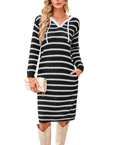 VOGMATE Strickkleid Damen Langarm Sweatshirt Hoodie Kleid Lang Pulloverkleid mit Kapuze Wollkleid Streifen Casual Sweater Dress for Women Tunika Kleid Taschen von VOGMATE
