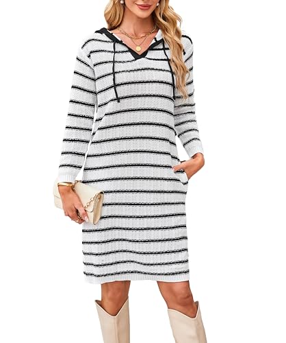 VOGMATE Strickkleid Damen Langarm Sweatshirt Hoodie Kleid Lang Pulloverkleid mit Kapuze Wollkleid Streifen Casual Sweater Dress for Women Tunika Kleid Taschen von VOGMATE