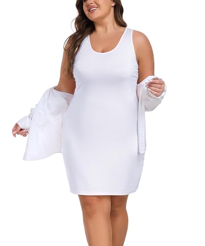 VOGMATE Tank Kleid Kurz Damen Große Größen Kleider Sommer Ärmellos Knielang Freizeitkleid Sundress Weiß 3XL von VOGMATE