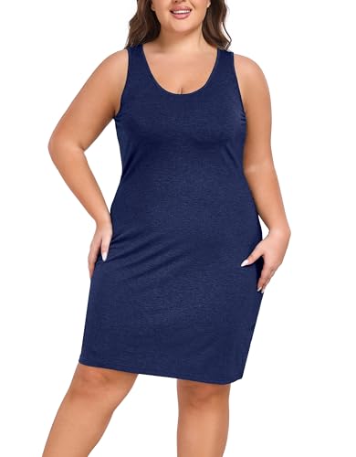 VOGMATE Tank Kleid Kurz Damen Große Größen Kleider Sommer Ärmellos Knielang Freizeitkleid Sundress Marine 4XL von VOGMATE