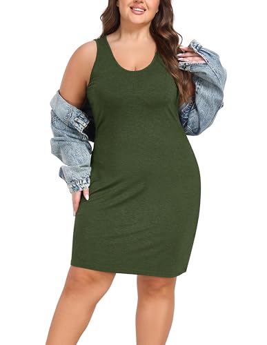 VOGMATE Tank Kleid Kurz Damen Große Größen Kleider Sommer Ärmellos Knielang Freizeitkleid Sundress Olive 4XL von VOGMATE