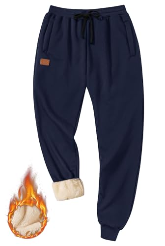 VOGSTART Herren Ribbed Ankle Jogger Fuzzy Pant Sherpa Active Stretch Running Pocket Sweatpant Marineblau XL von VOGSTART