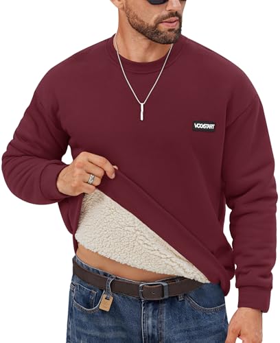 VOGSTART Herren Sherpa Liniert Sweatshirt Daily Spielpassung Winter Pullover Grundlegend Top Langarm Crewneck Hoodie Weinrot XXL von VOGSTART