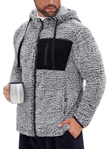 VOGSTART Herren Flauschige Sherpa Kapuzenjacke Leichte Fleece Jacke Mit Reißverschluss Farbe Block Brusttasche Komfortable Outdoor Freizeit S von VOGSTART