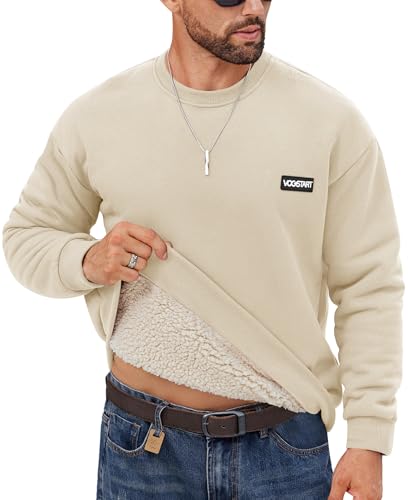 VOGSTART Männer Casual Sherpa Liniert Sweatshirt Crewneck Vlies Pullover Gemütlich Bubble Velvet Sherpa Sweatshirt Beige L von VOGSTART