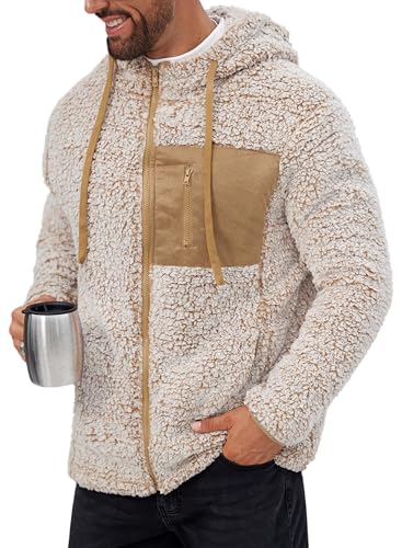 VOGSTART Herren Flauschige Teddy Fleece Jacke Kapuzenmantel Mit Farbiger Brusttasche Komfortable Leichte Übergangsjacke S von VOGSTART