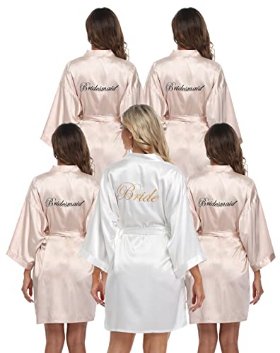 VOGTORY 5 Stück Brautjungfern-Bademäntel mit besticktem Satin-Hochzeits-Bademäntel, bereit für Brautpartys, Weiß&Champagner, Einheitsgröße von VOGTORY