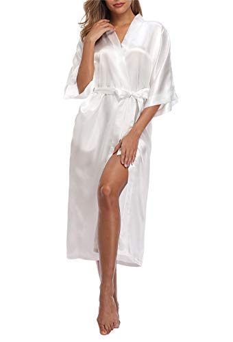 VOGTORY Damen Satin Roben Pure Color Lange Kimono Bademantel Weiches Nachthemd, Weiß, Medium von VOGTORY
