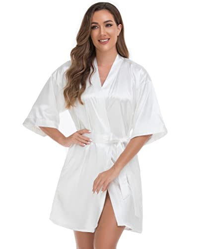 Kurzer Kimono-Bademantel für Damen, seidiger Satin, Brautjungfern, Nachtwäsche, weiches Nachthemd, Weiss/opulenter Garten, Medium von VOGUEMAX