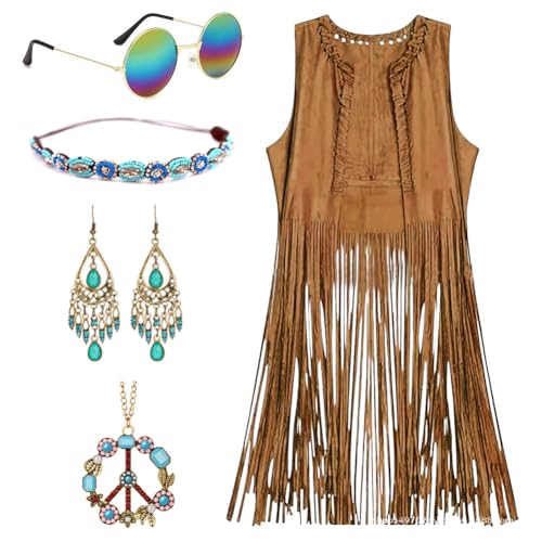 VOHESEA Hippie Kostüm Damen Set, 5 Stück Kleidung Damen, 60er 70er Jahre Bekleidung mit Brille, Braun Fransenweste, Disco Outfit, Hippie Accessoires Karneval Faschingskostüme von VOHESEA