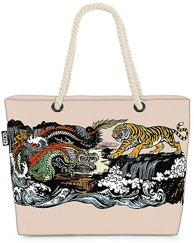 VOID China Asien Tiger Drache Strandtasche Shopper 58x38x16cm 23L XXL Einkaufstasche Tasche Reisetasche Beach Bag von VOID