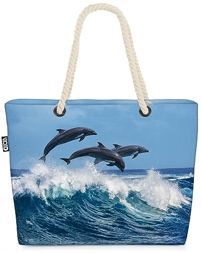 VOID Delfine Welle Meer Atlantik Strandtasche Shopper 58x38x16cm 23L XXL Einkaufstasche Tasche Reisetasche Beach Bag von VOID