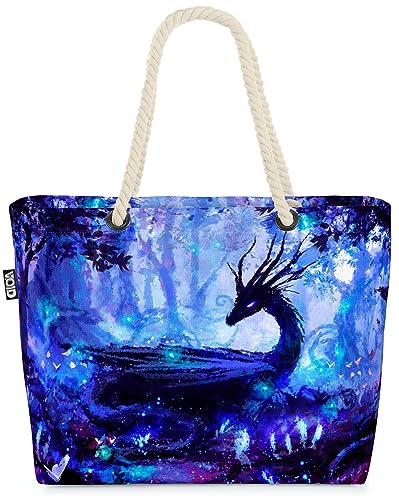 VOID Drache Wald Fantasy Nacht Strandtasche Shopper 58x38x16cm 23L XXL Einkaufstasche Tasche Reisetasche Beach Bag von VOID