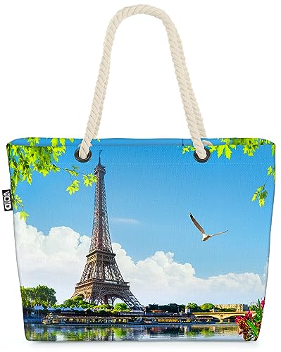 VOID Eiffelturm Paris Frankreich Blumen Strandtasche Shopper 58x38x16cm 23L XXL Einkaufstasche Tasche Reisetasche Beach Bag von VOID