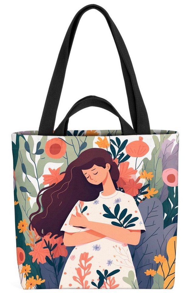 VOID Henkeltasche (1-tlg), Comic Frau Blumen Sommer abbildung frau blume bunt umarmung kuscheln von VOID