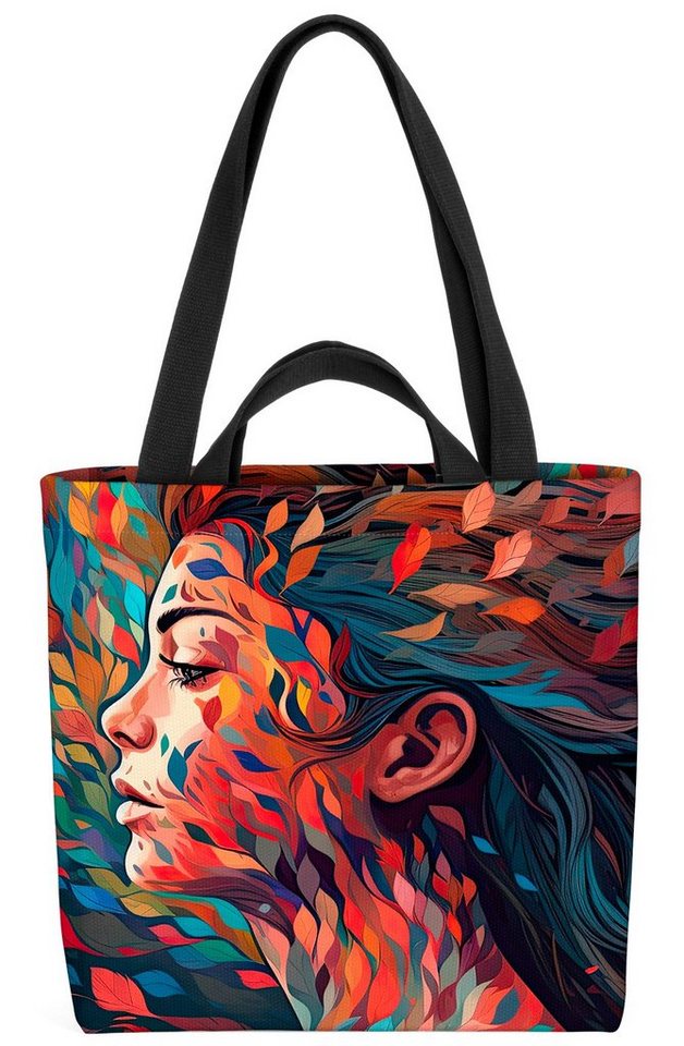 VOID Henkeltasche (1-tlg), Portrait Frau Blätter Comic Grafik frau kopf bunt baum blatt digitale von VOID