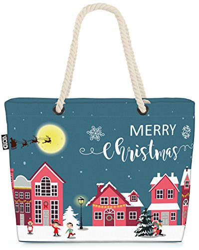 VOID Merry Christmas Stadt Winter Strandtasche Shopper 58x38x16cm 23L XXL Einkaufstasche Tasche Reisetasche Beach Bag von VOID
