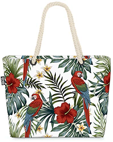 VOID Papagei Tropenwald Hibiskus Strandtasche Shopper 58x38x16cm 23L XXL Einkaufstasche Tasche Reisetasche Beach Bag von VOID