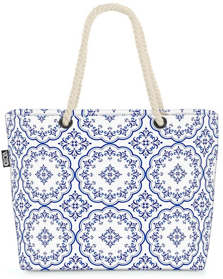 VOID Strandtasche (1-tlg), Ornament Muster Beach Bag Fliesen Blau Weiss Landhaus Stil Muster gemustert Bad von VOID