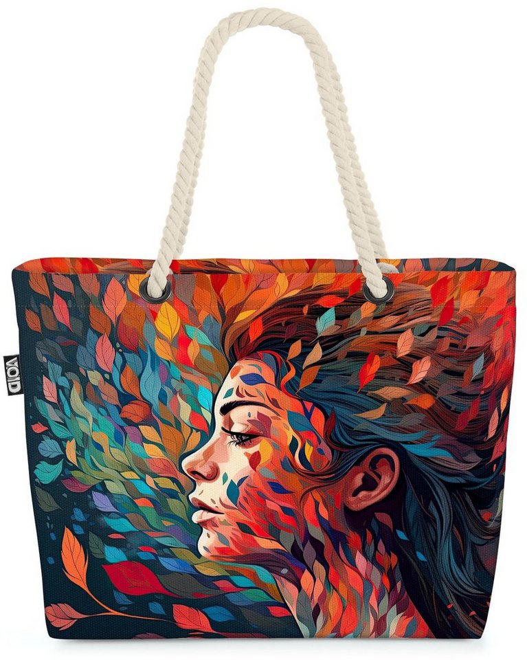 VOID Strandtasche (1-tlg), Portrait Frau Blätter Comic Grafik frau kopf bunt baum blatt digitale von VOID