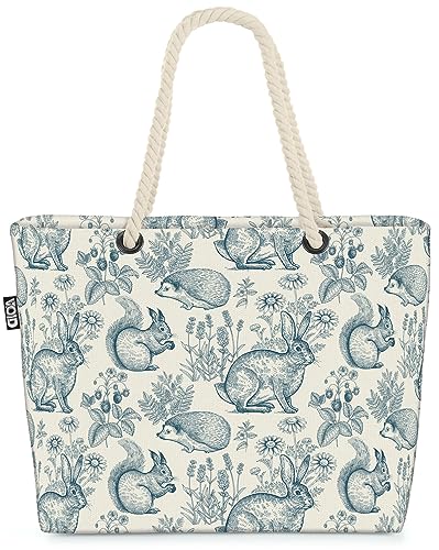 VOID Waldtiere Hase Blumen Igel Strandtasche Shopper 58x38x16cm 23L XXL Einkaufstasche Tasche Reisetasche Beach Bag von VOID