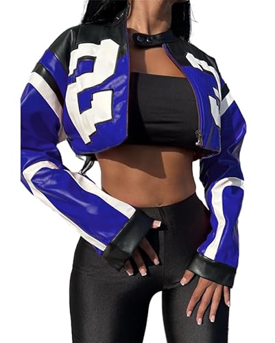VOIKERDR Lederjacke Cropped Jacke Motorradjacke Y2K Brief Bomberjacke Damen Kunstlederjacke Streetwear, Blau, X-Large von VOIKERDR