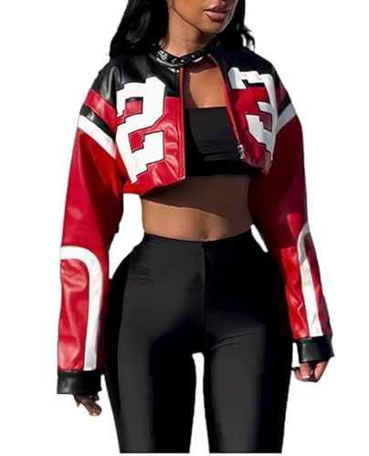VOIKERDR Lederjacke Motorrad Crop Jacke Brief Streetwear Bomberjacke Damen Kunstlederjacke, Rot/Ausflug, einfarbig (Getaway Solids), Large von VOIKERDR