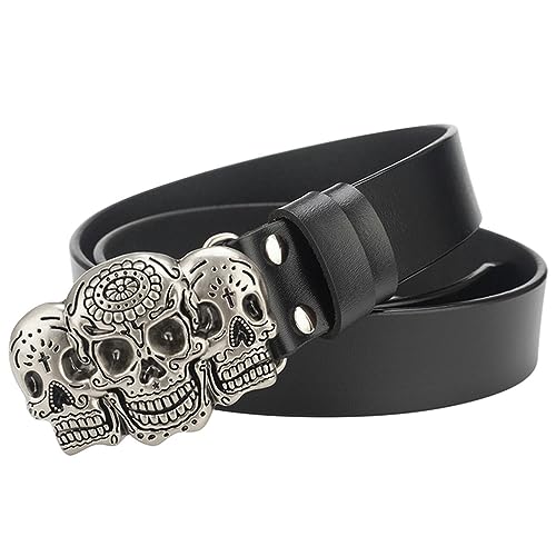 VOIV Gürtel Totenkopf Schnalle Cowskin Ledergürtel Crossbones Skelett Reggae Heavy Metal Rock Deko, 3 Schädelkopf, 105 cm von VOIV