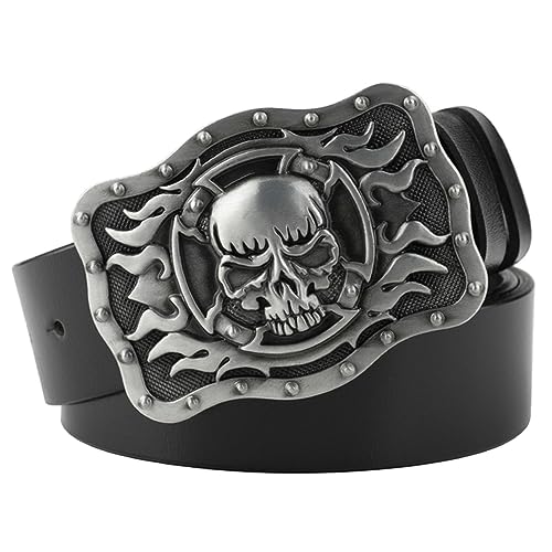 VOIV Gürtel Totenkopf Schnalle Cowskin Ledergürtel Crossbones Skelett Reggae Heavy Metal Rock Deko, Flammenschädel, 105 cm von VOIV