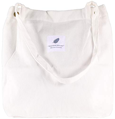 VOKUVIKU Cord Tote Bag Aesthetic Damen Stofftasche Canvas Tasche Mädchen GroÃŸe Tote Bag Aesthetic Handtasche Shopper Cord Schule Leicht Beuteltasche Damen Cord, WeiÃŸ von VOKUVIKU