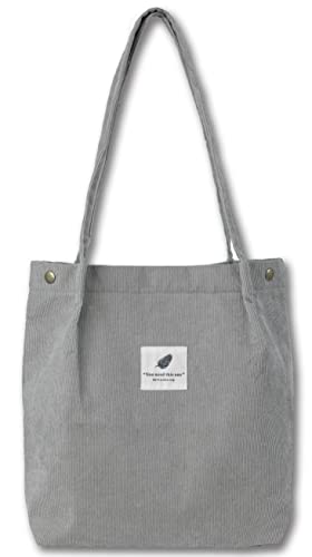 VOKUVIKU Cord Tote Bag Aesthetic Damen Stofftasche Canvas Tasche Mädchen Große Tote Bag Aesthetic Handtasche Shopper Schule Leicht Beuteltasche Damen Cord, Grau von VOKUVIKU