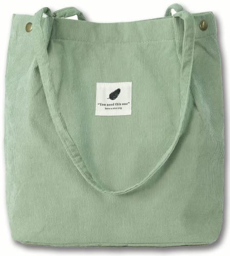 VOKUVIKU Schule Cord Tasche Damen Jutebeutel Stoff Aesthetic Beutel , Mädchen Cord Tote Bag Umhängetasche Shopper Leicht Schule Beuteltasche, Türkis Grün von VOKUVIKU